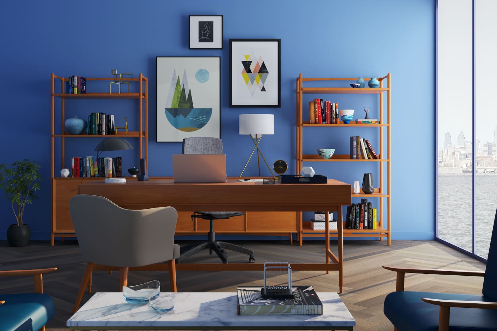 Brown Wooden Desk With Rolling Chair and Shelves Near Window