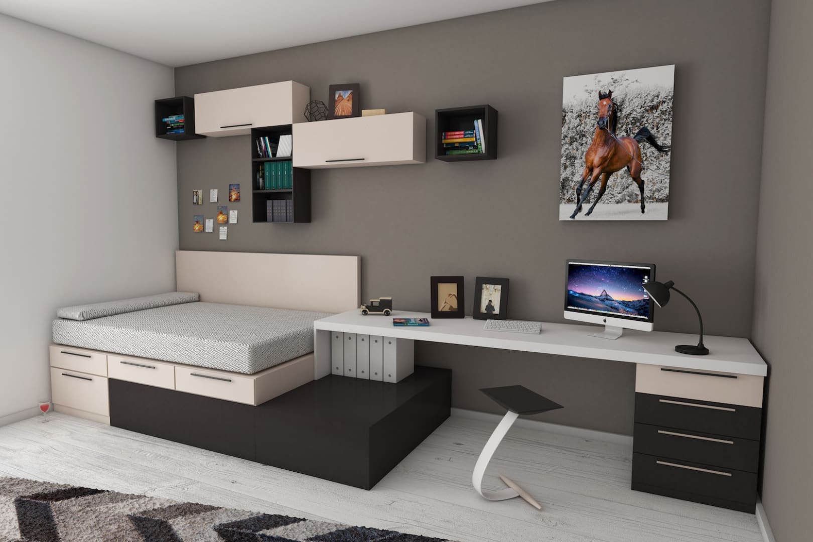 White and Black Desk Beside Bed and Window